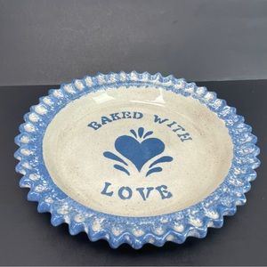 Vintage Pottery Blue Beige Spongeware Pie Dish Plate Tin Baked With Love Heart